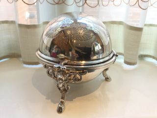 ANTIQUE VICTORIAN SILVER PLATED CHASED FOOTED ROLL TOP BUTTER DISH 2