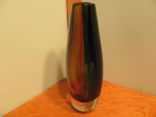 Vintage Kosta Hand Blown Blue On Amber/ Crystal Signed And Numbered Vase