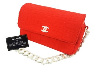 100 Auth Chanel Terry Cloth Shoulder Bag Hand Tote Plastic Chain Vintage