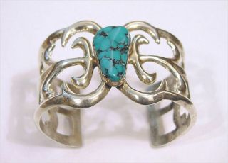 Vintage Native American Sterling Silver & Turquoise Cuff Bracelet “ajw” - 56g