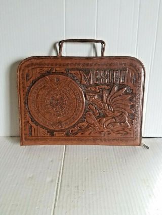 Vtg Mexican Hand Tooled Leather Briefcase Mayan Calendar Aztec Maya Laptop Case