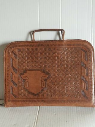 Vtg Mexican Hand Tooled Leather Briefcase Mayan Calendar Aztec Maya Laptop Case 2