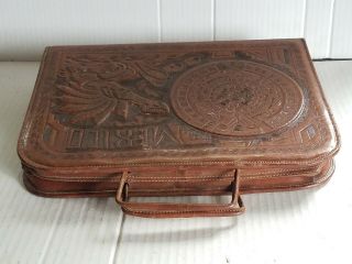 Vtg Mexican Hand Tooled Leather Briefcase Mayan Calendar Aztec Maya Laptop Case 3