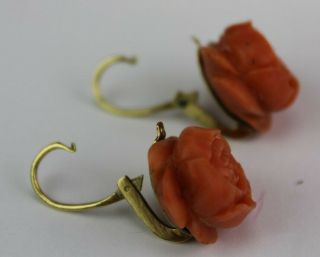 Old Chinese Carved Natural Red Salmon Branch Coral Rose Earrings w/ 14K Gold MSW 3