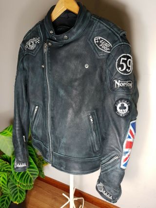 Vintage Norton Black Leather Motorbike Jacket Size L Patches