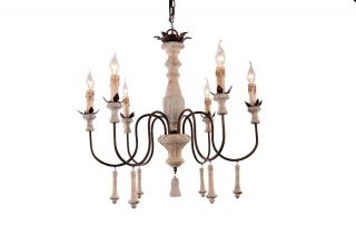 6 - Light French Country Vintage Traditional Wood Chandelier Withdroplets Tassels