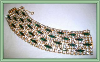 Sherman Emerald & Clear - 1.  5 " Wide Six Row Marquise & Round Crystal Bracelet Nr