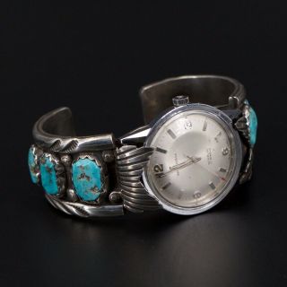 Vtg Sterling Silver - Zuni A.  Penketewa Turquoise Watch Cuff Bracelet - 103.  5g