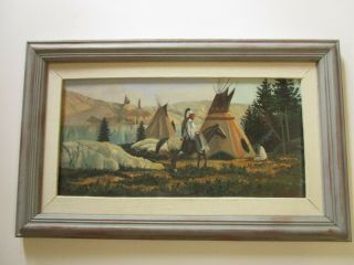 Vintage Painting Native American Indian Landscape Teepee Chief Horseback Rowbury