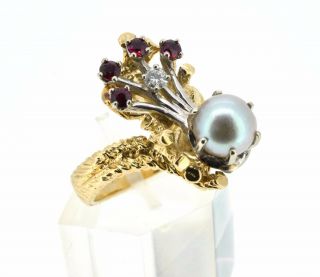 Pearl And Ruby Vintage Style Designer Ring With 14ct Gold