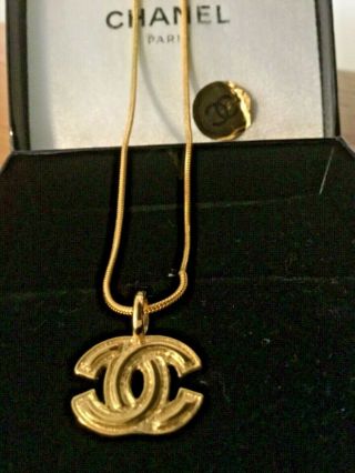 Vintage Chanel Logo Charm Necklace With Chanel Box Made In France