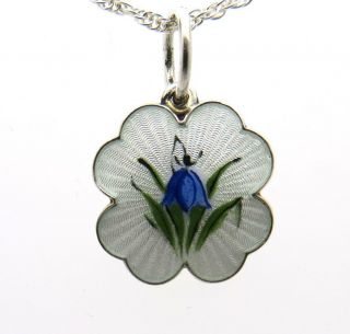 Vintage Norwegian Guilloche Floral Enamel Sterling Silver Pendant With Chain