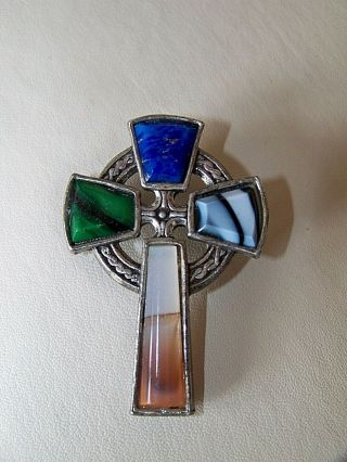 Vintage Signed Miracle Jewellery Scottish Celtic Cross Agate Brooch Pin Pendant