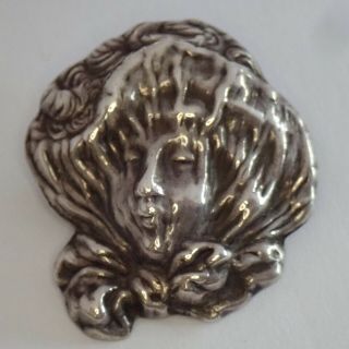 Unusual Antique Art Nouveau Sterling Silver Repousse Veiled Lady Face Pin