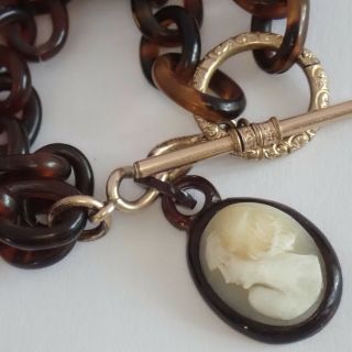 Antique Edwardian Gold Filled Carved Shell Cameo Faux Tortoiseshell Bracelet