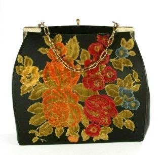Vintage L&m A Spot Lite Exclusive Black & Floral Tapestry Carpet Handbag Purse