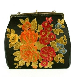 Vintage L&M A Spot Lite Exclusive Black & Floral Tapestry Carpet Handbag Purse 4