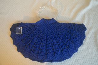 Vintage Blue Crocheted Gimp Handbag Purse With Lucite Handles And Zipper Fob