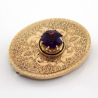 Vintage Antique Solid 10k Yellow Gold 2ct Purple Amethyst Etched Oval Pin Brooch