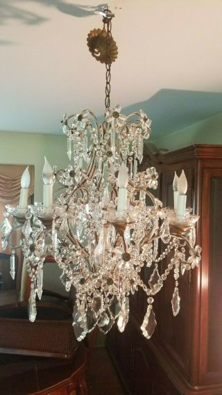 Stunning Large Vintage French Glass Clad 6 Arm Crystal Chandelier