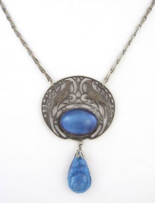 C.  1910 Czec.  Max Neiger - Art Nouveau Facing Peacocks Blue Glass Necklace