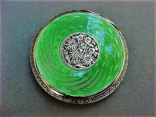 Vintage Art Deco Sterling Silver Compact & With Guilloche Enamel & Flower Design