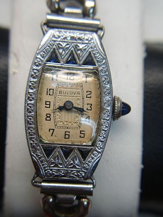 Vintage Bulova Ladies Wristwatch W/14k Gold Filled (white) Case & Faux Sapphires