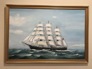 Vintage Schooner Ship Painting Oil On Board Signed