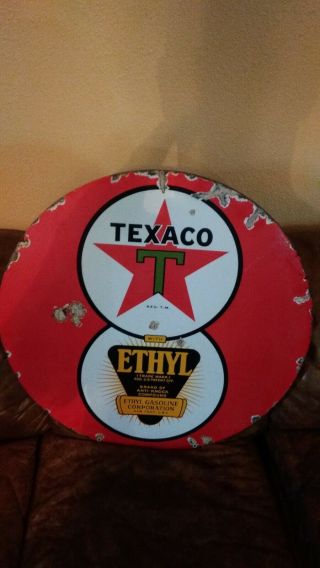30 " Porcelain Collectable Gas Oul Vintage Texaco Double Sided Sign