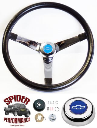1960 - 1969 Chevy Pickup Steering Wheel Blue Bowtie 14 3/4 " Vintage Chrome Grant