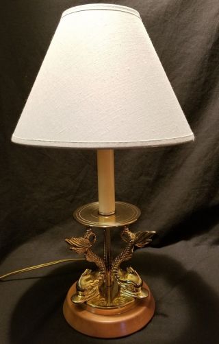 Vintage Baldwin Brass Ornate Dolphin/Fish Table Lamp w/ Shade Tested/Works Koi 2