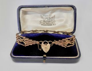Vintage Solid 9ct Gold Gate Heart Padlock Bracelet,  Art Deco Style,  Not Scrap