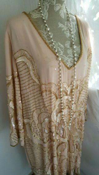 Vtg 1920,  S Style Downton Gatsby Nude Beaded Fringed Wedding Dress Size 28/30 Uk