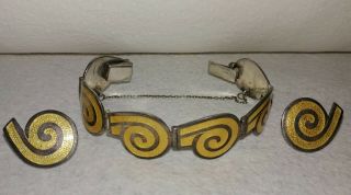 Vintage Margot De Taxco Sterling & Enamel Bracelet & Earring Set 53.  9 Grams