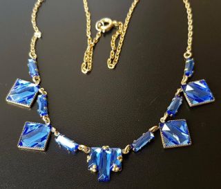 Vintage Art Deco Czech Blue Vauxhall Mirror Glass Necklace
