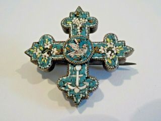 Antique Victorian Micro Mosaic Dove Flower Anchor Brooch Cross Pin