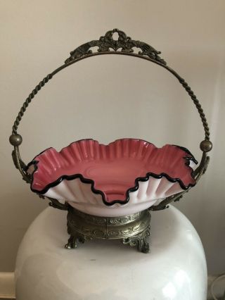 Rare Fenton Glass Brides Bridal Basket Silver Metal Cranberry Pink Victorian