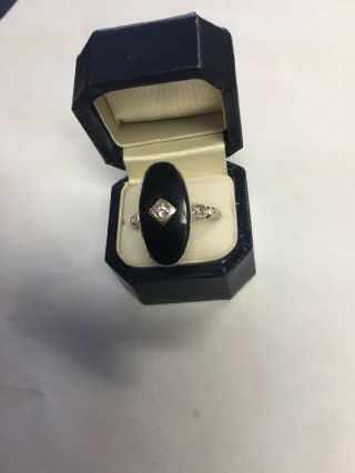 Vintage 14 Karat White Gold Black Onyx And Diamond Ring Size 6.  5 Mfg.