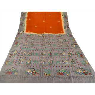 Sanskriti Vintage Orange Heavy Saree Pure Silk Fabric Hand Painted Craft Sari