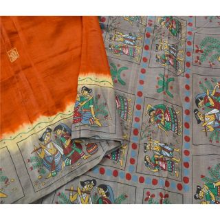 Sanskriti Vintage Orange Heavy Saree Pure Silk Fabric Hand Painted Craft Sari 2