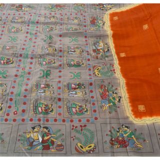 Sanskriti Vintage Orange Heavy Saree Pure Silk Fabric Hand Painted Craft Sari 3