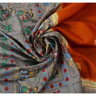 Sanskriti Vintage Orange Heavy Saree Pure Silk Fabric Hand Painted Craft Sari 4