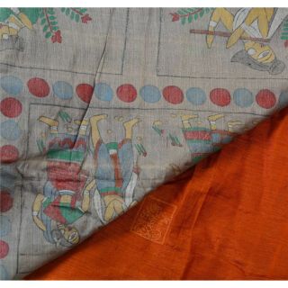 Sanskriti Vintage Orange Heavy Saree Pure Silk Fabric Hand Painted Craft Sari 6