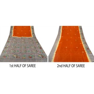 Sanskriti Vintage Orange Heavy Saree Pure Silk Fabric Hand Painted Craft Sari 7