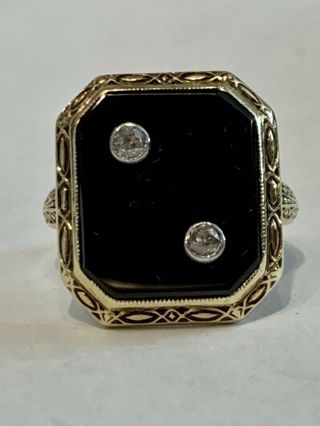 Antique 14k Gold Onyx & Diamonds Art Deco Filigree Ring Sz 3.  75