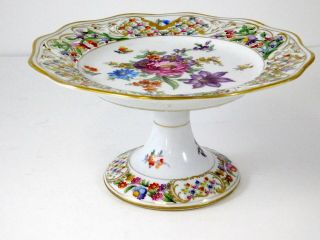 Vintage Schumann Dresden Porcelain Compote Pedestal Dish Reticulated Floral Gold