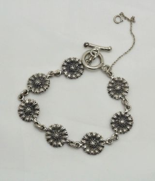 Vintage Artisan Designer Sterling Silver Solid Daisy Flower Link Chain Bracelet