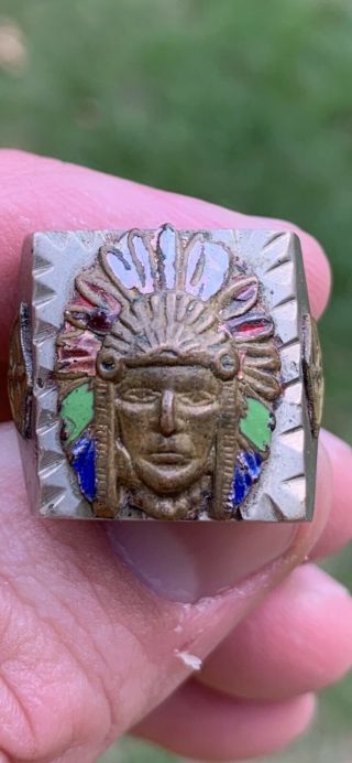 Vintage Men Mexican Biker Indian Chief Crest Signet Ring