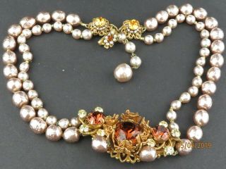 Vintage Signed Miriam Haskell Baroque Pearl & Rhinestone Necklace