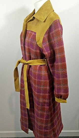 Vintage Bonnie Cashin For Sills Suede Trimmed Plaid Wool Turnlock Coat Sz S To M
